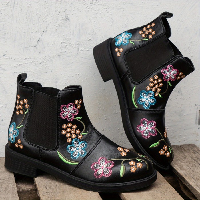 Women's  Floral Embroidered Chunky Heel Boots, Fashion Stretch Fabric Sided Boots, Comfortable Short Boots