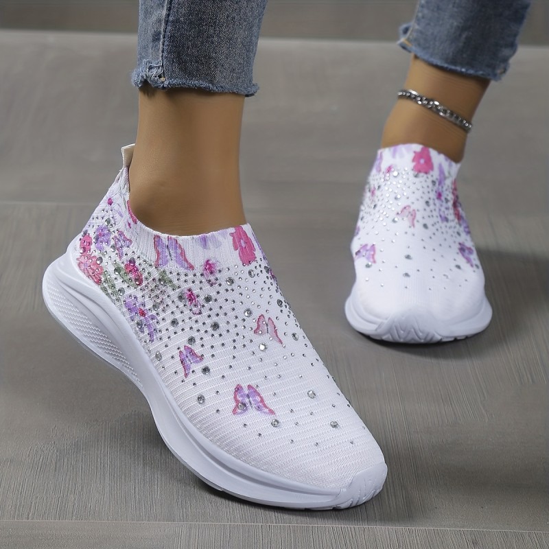 Women's Rhinestone Decor Flat Sneakers, Lightweight Slip On Low Top Shoes, Casual & Breathable Walking Shoes