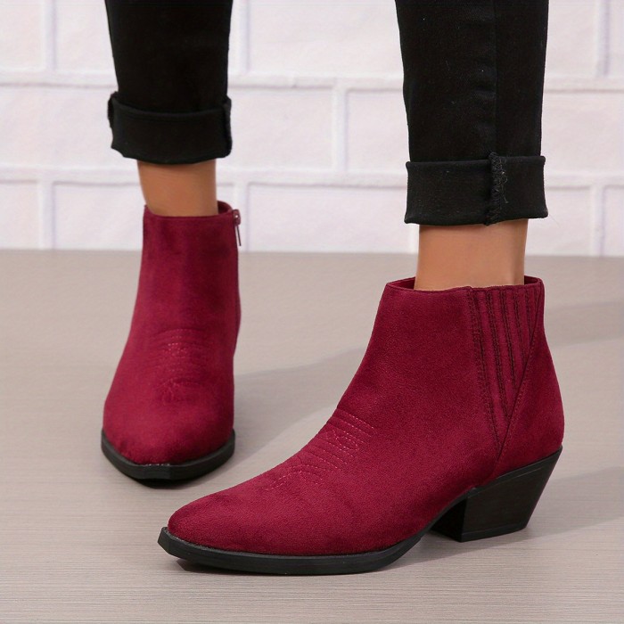 Women's Chunky Ankle Boots, Pointed Toe Side Zipper Western Boots, Retro Solid Color Short Boots