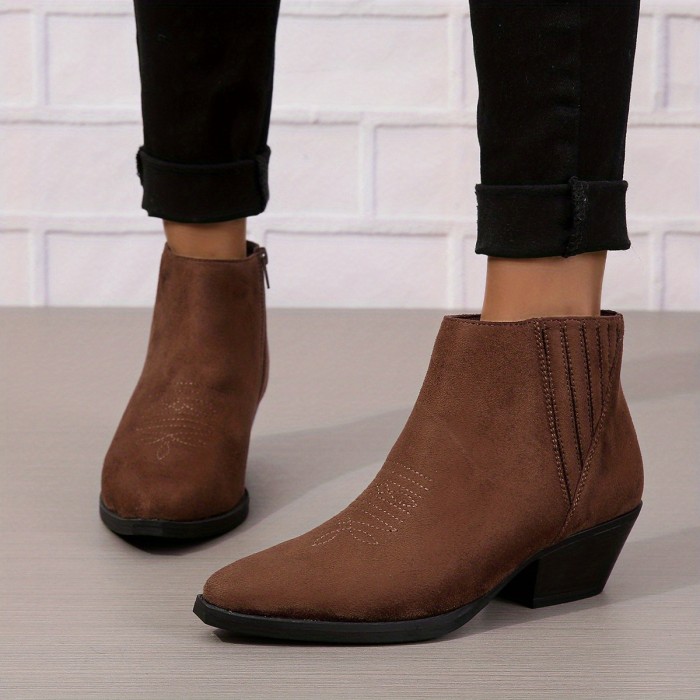 Women's Chunky Ankle Boots, Pointed Toe Side Zipper Western Boots, Retro Solid Color Short Boots
