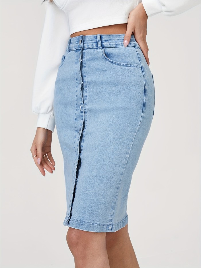 Blue Slim Fit Denim Skirt, Single-Breasted Button High Waist Versatile Split Denim Skirt, Women's Denim Clothing