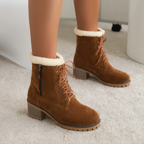 Women's Ankle Snow Boots, Chunky Heeled Side Zipper Lace-up Short Boots, Women's Waterproof Non-slip Ankle Boots