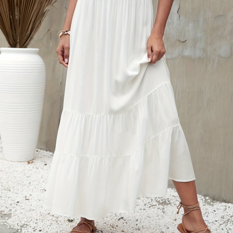 Boho Ruffle Trim Tiered Long Skirts , Elastic Waist White A-line Maxi Skirts , Women's Clothings