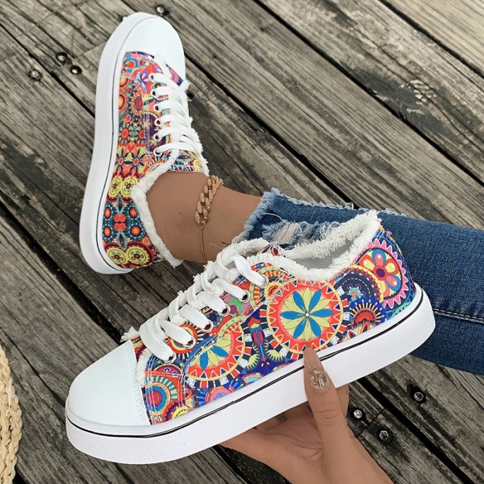 Women's Flower Print Canvas Sneakers, Raw Trim Flat Low Top Skate Shoes, Casual Lace Up Walking Trainers