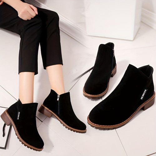 Women's Chunky Heeled Ankle Boots, Solid Color Round Toe Side Zipper Shoes, Comfy Outdoor Short Boots