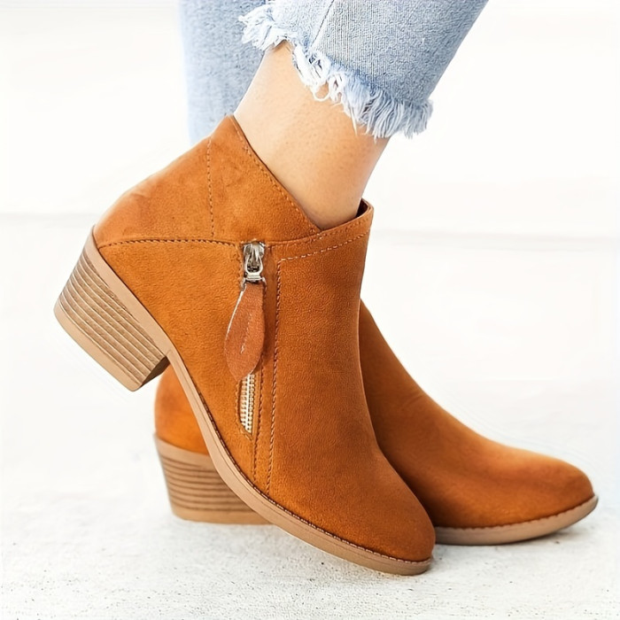 Women's Chunky Heel Ankle Boots, Solid Color Side Zipper Stacked Heels, Casual Outdoor Short Boots