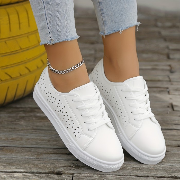 Women's Low Top Skate Shoes, Solid Color Hollow Out Lace Up Sneakers, Versatile Flat Walking Shoes