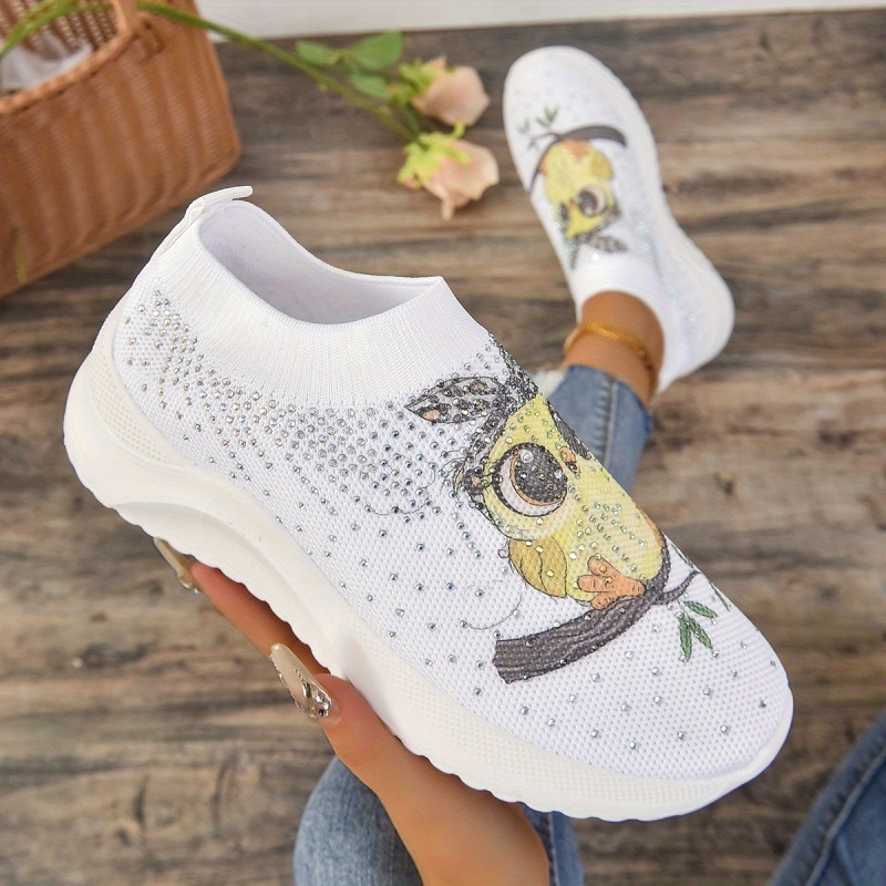 Women's Cute Owl Graphic Sneakers, Rhinestone Decor Knitted Slip On Sock Shoes, Casual Walking Shoes