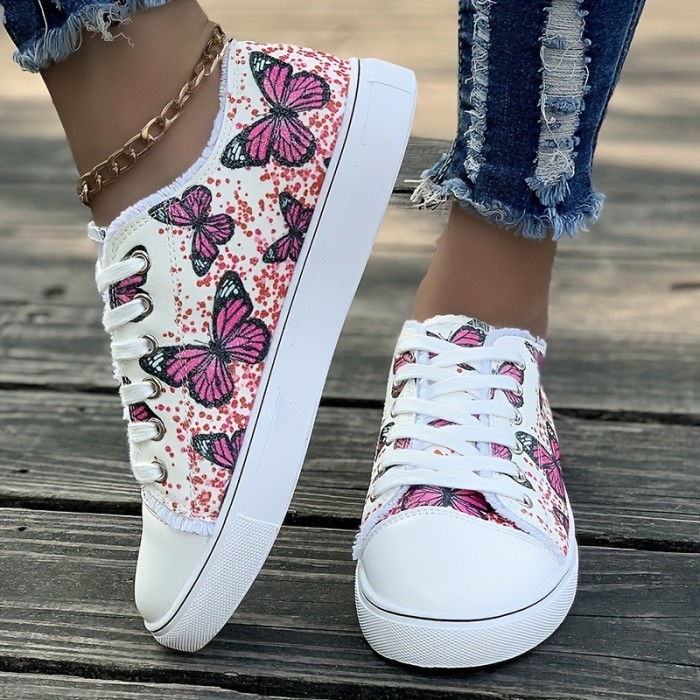Women's Butterfly Print Canvas Shoes, Casual Lace Up Flat Skate Shoes, All-Match Student Walking Sneakers