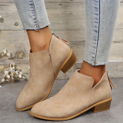 Women's Chunky Heeled Ankle Boots, Pointed Toe Zipper Stacked Heeled Shoes, Retro Short Boots