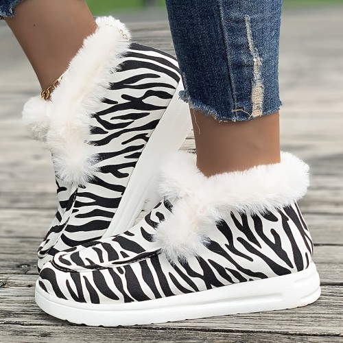 Women's Zebra Printed Snow Boots, Winter Plush Lined Slip On Canvas Shoes, Outdoor Keep Warm Flat Ankle Boots