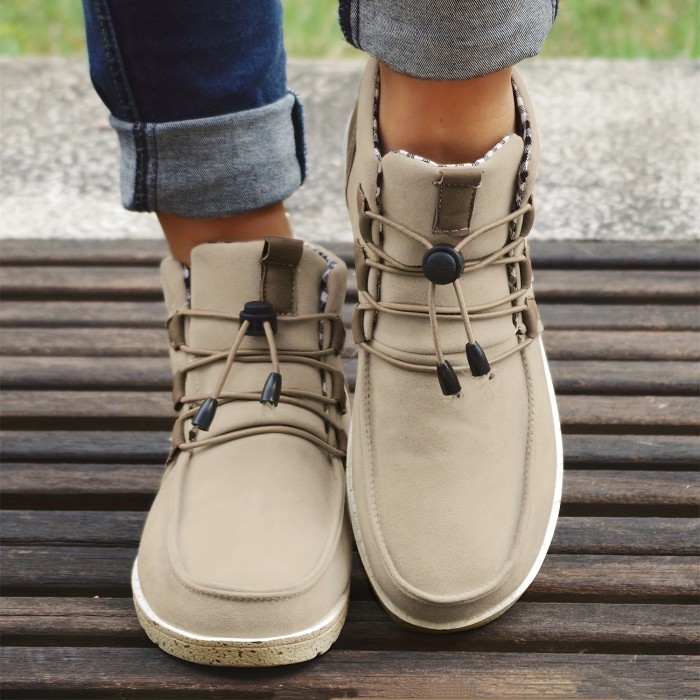 Women's High Top Sneaker Boots, Comfortable Round Toe Drawstring Shoes, Casual Warm Short Boots