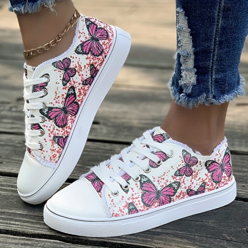 Women's Butterfly Print Canvas Shoes, Casual Lace Up Flat Skate Shoes, All-Match Student Walking Sneakers