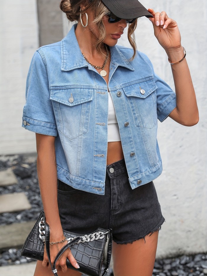Solid Color Short Sleeves Denim Coats, Flap Pockets Single-Breasted Button Lapel Cropped Denim Jackets, Women's Denim Clothing