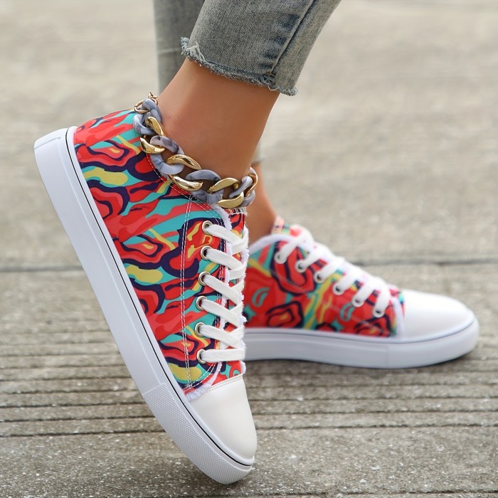 Women's Print Canvas Sneakers, Casual Lace Up Flat Skate Shoes, All-Match Low Top Shoes