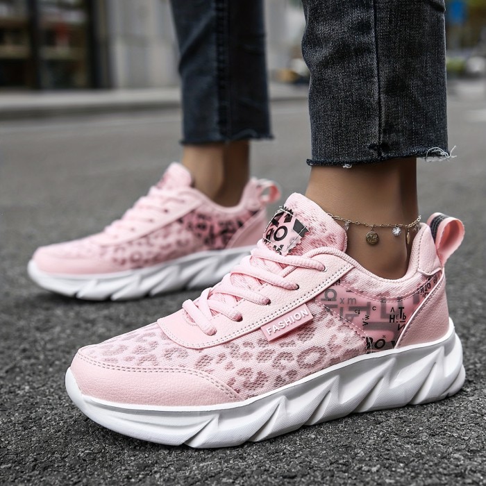 Women's Mesh Letter Printed Sports Shoes, Fashion & Breathable Lace Up Low Top Running Shoes, Shock Absorption Walking Sneakers