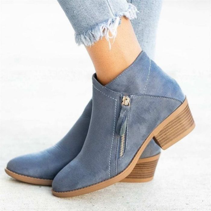 Women's Stacked Heel Ankle V-cut Boots, Comfortable Solid Color Side Zipper Short Boots, Faux Leather Shoes