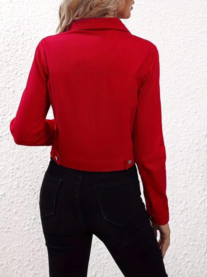 Red Long Sleeves Denim Jackets, Slim Fit Single-Breasted Button Lapel Versatile Denim Coats, Women's Denim Clothing