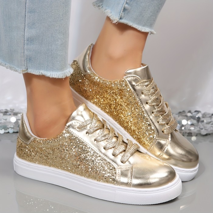 Women's Glitter Flat Sneakers, Fashion & Versatile Lace Up Low Top Shoes, Casual Walking Skate Shoes