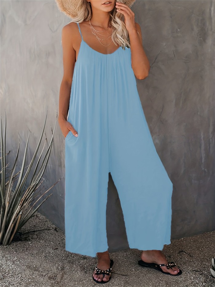 Boho Spaghetti Ruched Jumpsuit, Casual Sleeveless Long Length Wide Leg Jumpsuit, Women's Clothing