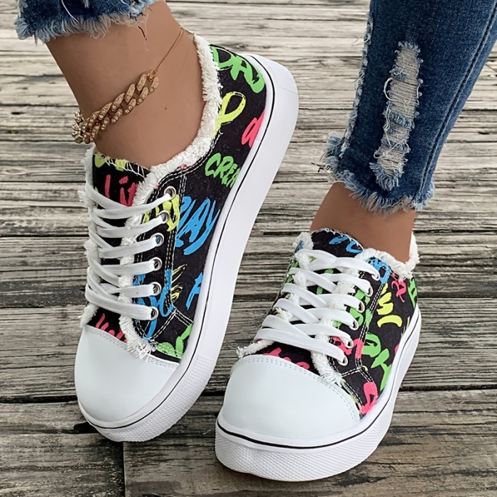 Women's Letter Print Canvas Sneakers, Raw Trim Low Top Skate Shoes, Casual Lace Up Flat Trainers