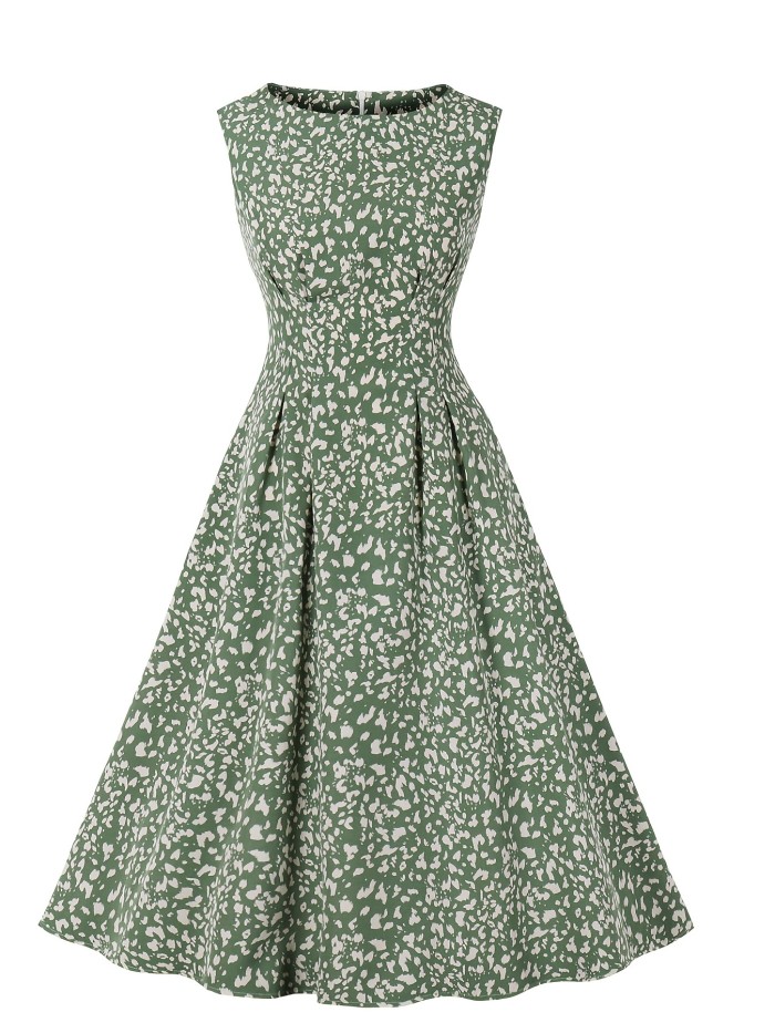 Floral Print Round Neck Sleeveless Ruffled Dress, Vintage High Waist Stylish Pleated Dress, Women's Clothing