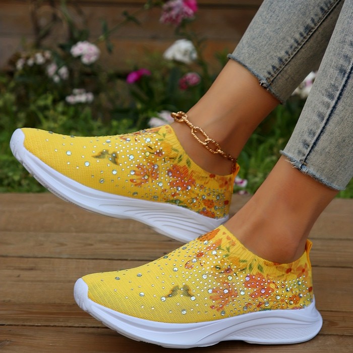Women's Floral Print Sock Shoes, Fashion Rhinestone Slip On Low Top Sneakers, Breathable Walking Shoes