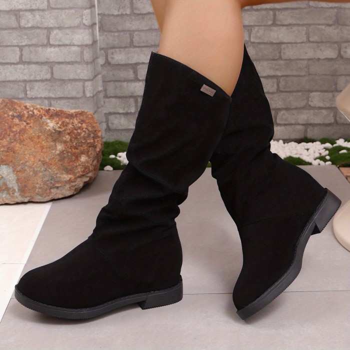 Women's Solid Color Chunky Heel Boots, Fashion Slip On Dress Boots, Comfortable Long Boots