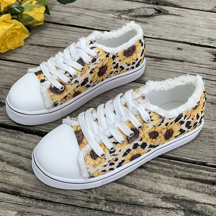 Women's Sunflower Print Canvas Shoes, Casual Round Toe Lace Up Low Top Sneakers, Comfy Flat Walking Shoes