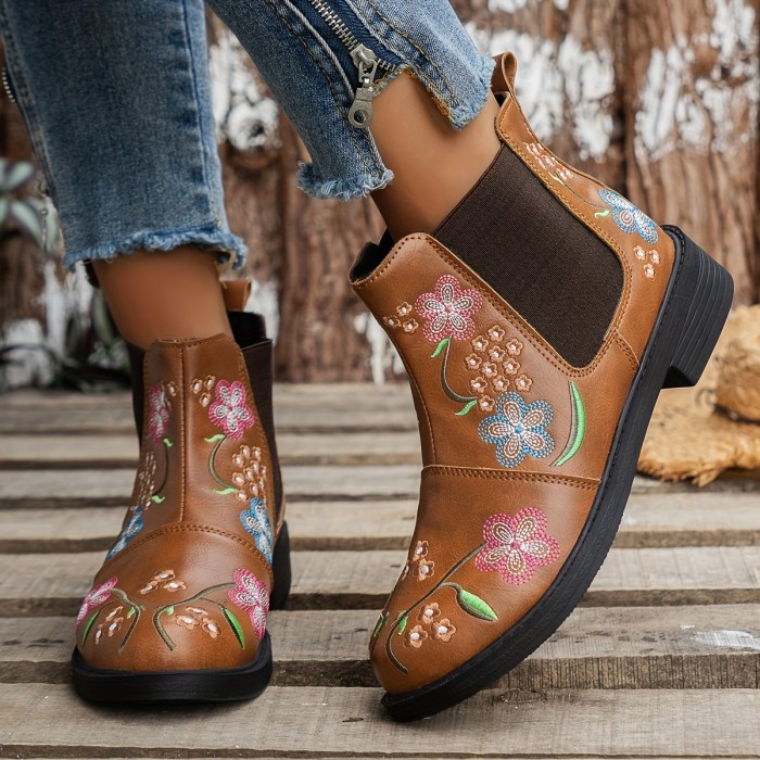 Women's  Floral Embroidered Chunky Heel Boots, Fashion Stretch Fabric Sided Boots, Comfortable Short Boots