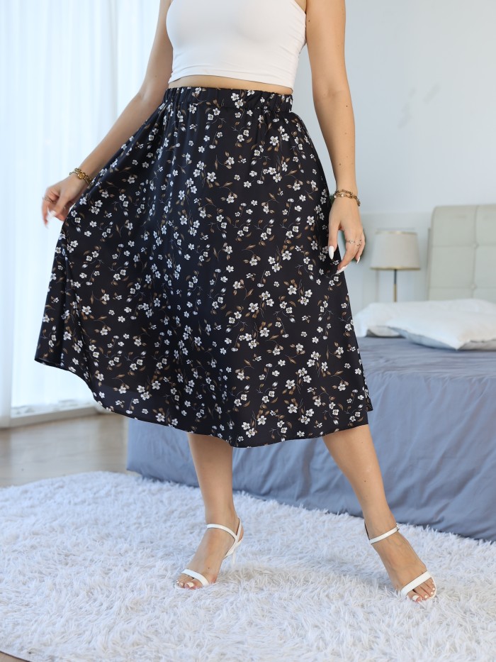 Plus Size Boho Skirt, Women's Plus Allover Floral Print Nipped Waist Loose Fit Skirt