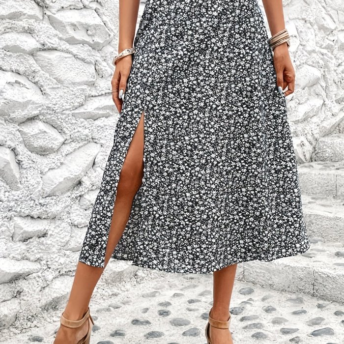 Boho Ditsy Floral Print Skirts, Casual Split Thigh Maxi Skirts For Spring & Summer, Women's Clothing