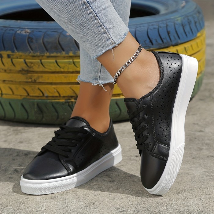 Women's Low Top Skate Shoes, Solid Color Hollow Out Lace Up Sneakers, Versatile Flat Walking Shoes