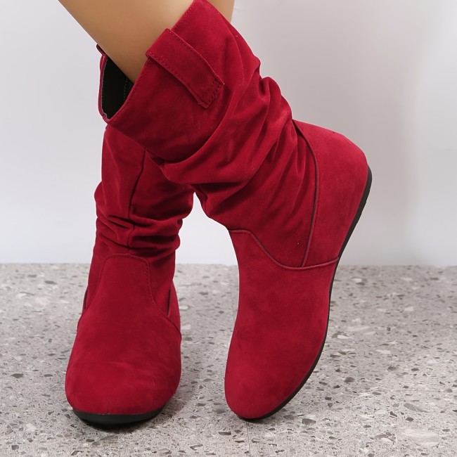 Women's Slouch Ankle Boots, Retro Pull On Flat Thermal Boots, Comfortable Solid Color Short Boots