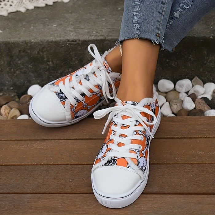 Women's Skull Print Canvas Shoes, Lightweight Lace Up Low Top Flats, Casual Halloween Sneakers