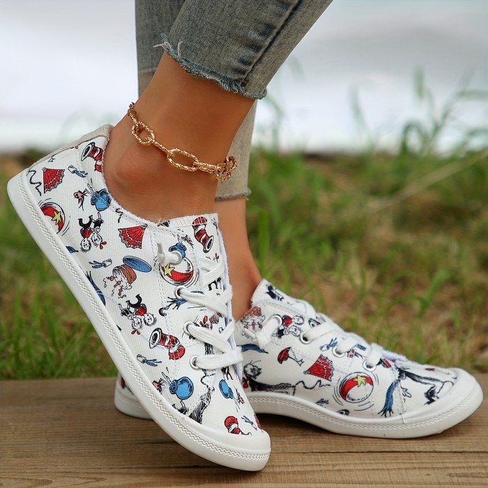 Women's Cartoon Print Canvas Shoes, Breathable Low Top Flat Walking Shoes, Casual Slip On Sneakers