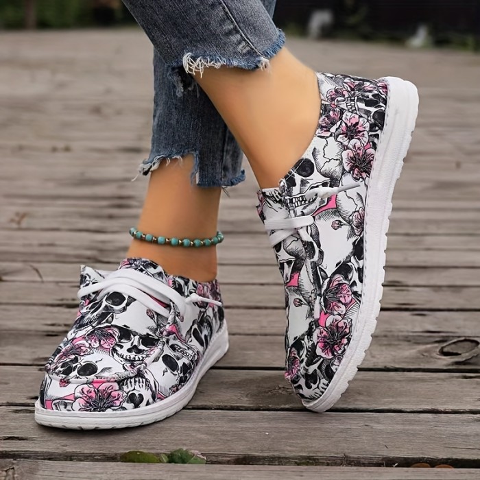 Women's Halloween Skull Print Canvas Shoes, Breathable Round Toe Flat Casual Sneakers, Comfort Walking Shoes