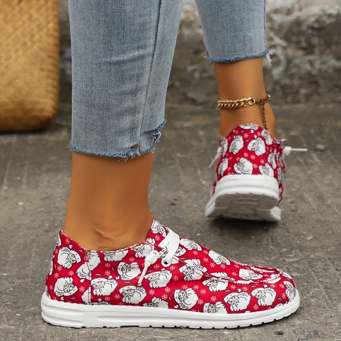 Women's Christmas Santa Claus Print Sneakers, Round Toe Slip On Flat Canvas Shoes, Casual Low Top Shoes
