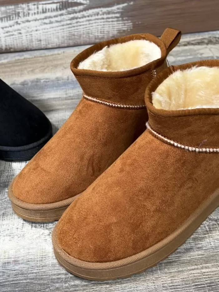 Women's Plush Lined Snow Boots, Solid Color Thermal Slip On Ankle Boots, Winter Warm Outdoor Flat Boots
