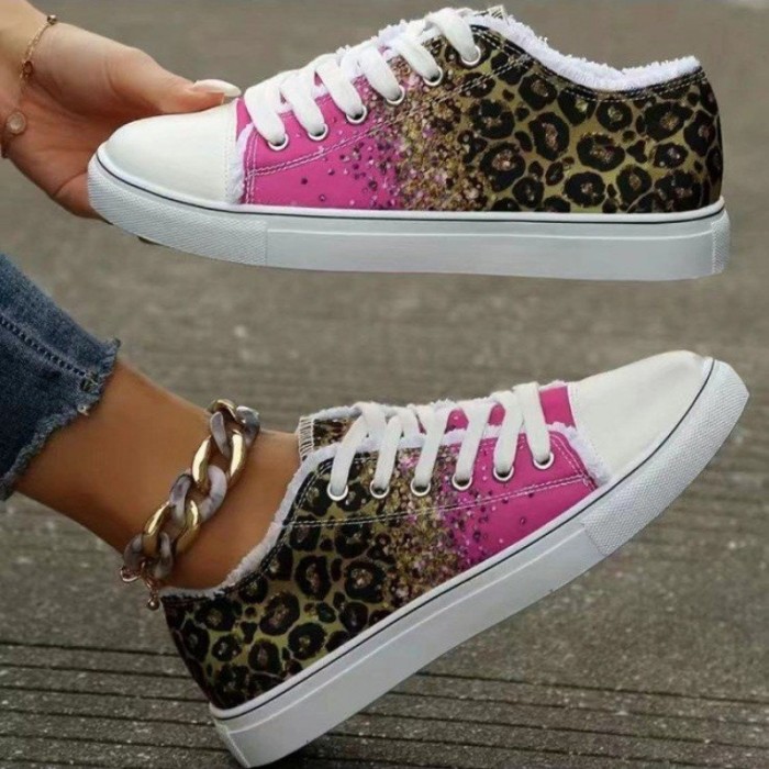 Women's Leopard Printed Canvas Sneakers, Glitter Round Toe Lace Up Low Top Sneakers, Casual Flat Skate Shoes