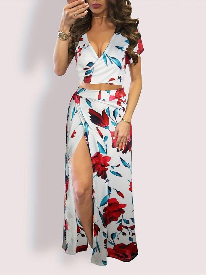 Boho Floral Print Two-piece Set, Vacation Short Sleeve Wrap Crop Top & Split High Waist Skirt Outfits, Women's Clothing