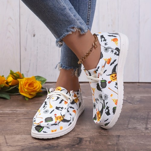 Women's Ghost Face Pumpkin Canvas Shoes, Halloween Round Toe Flat Low Top Skate Shoes, Casual Slip On Walking Shoes