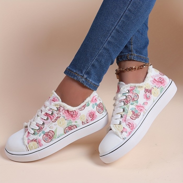 Women's Flat Canvas Shoes, Halloween Rose & Skull Print Low Top Shoes, Casual Walking Sneakers