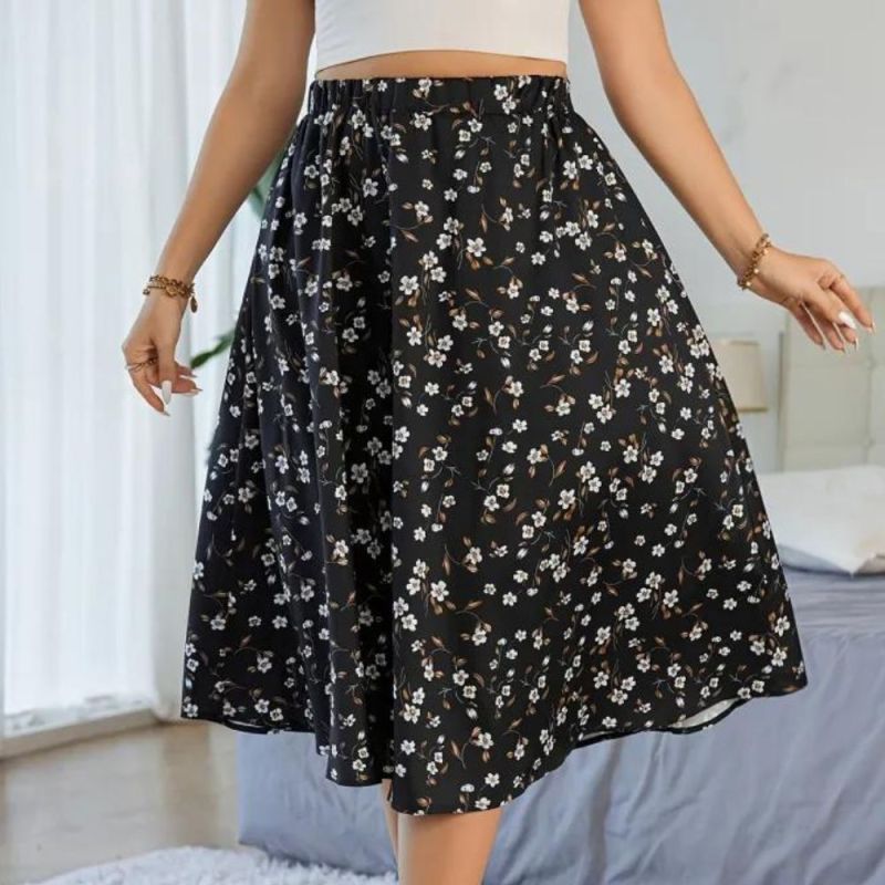 Plus Size Boho Skirt, Women's Plus Allover Floral Print Nipped Waist Loose Fit Skirt