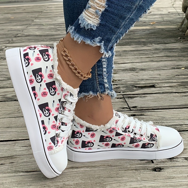 Women's Ghost Print Canvas Shoes, Halloween Ghost Print Low Top Sneakers, Casual Walking Shoes