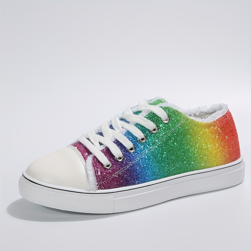 Women's Glitter Rainbow Canvas Shoes, Round Toe Lace Up Flat Skate Shoes, Casual Low Top Sneakers