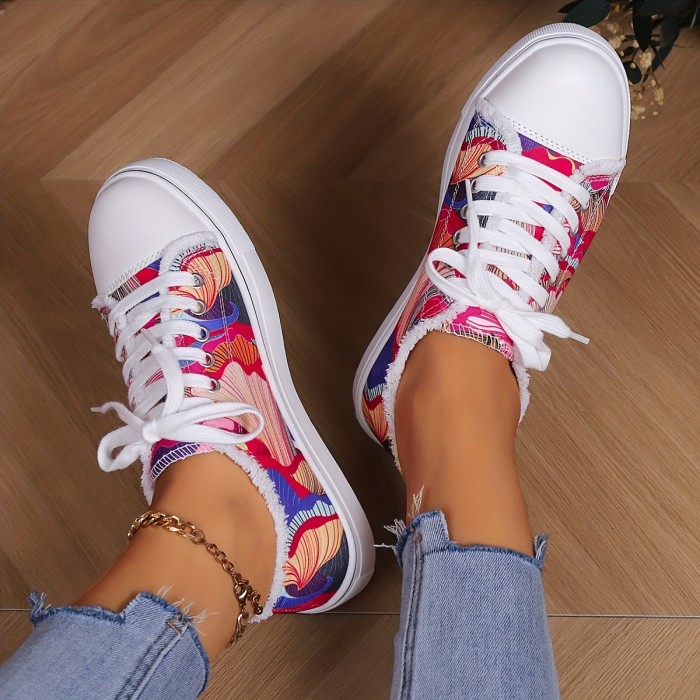 Women's Low Top Canvas Shoes, Art Printed Lace Up Round Toe Sneakers, Casual Flat Walking Shoes
