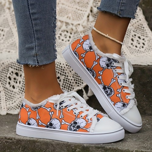 Women's Skull Print Canvas Shoes, Lightweight Lace Up Low Top Flats, Casual Halloween Sneakers