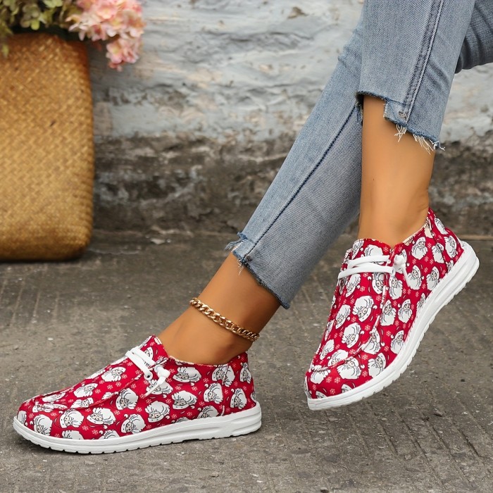 Women's Christmas Santa Claus Print Sneakers, Round Toe Slip On Flat Canvas Shoes, Casual Low Top Shoes