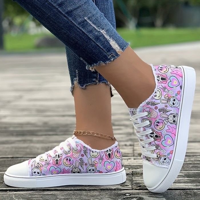 Women's Pink Ghost Printed Canvas Shoes, Casual Lace Up Low Top Skate Shoes, Halloween Round Toe Flat Sneakers